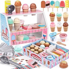 Wooden Ice Cream Toys Kids Kitchen Play Store for Toddlers Child-size, Pink
