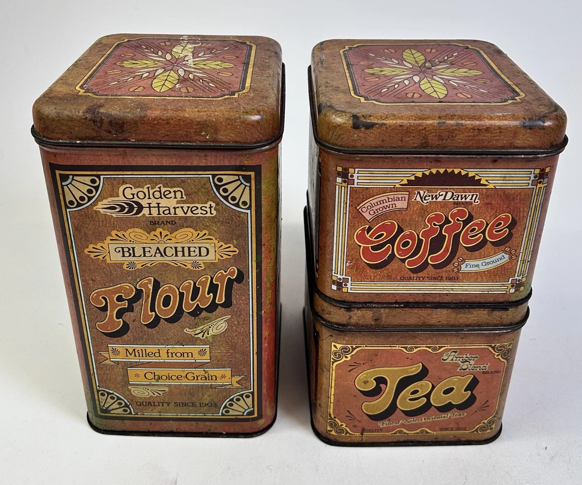 Vintage Tin Canister Set In Collectible Metal Kitchen Canisters