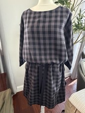 Gap Women's Dress L Buffalo Plaid Gray Black Drawstring Waist Cotton Pockets New