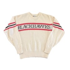 Chicago Blackhawks Sweater Medium Cliff Engle Mens Vintage White Made In The USA