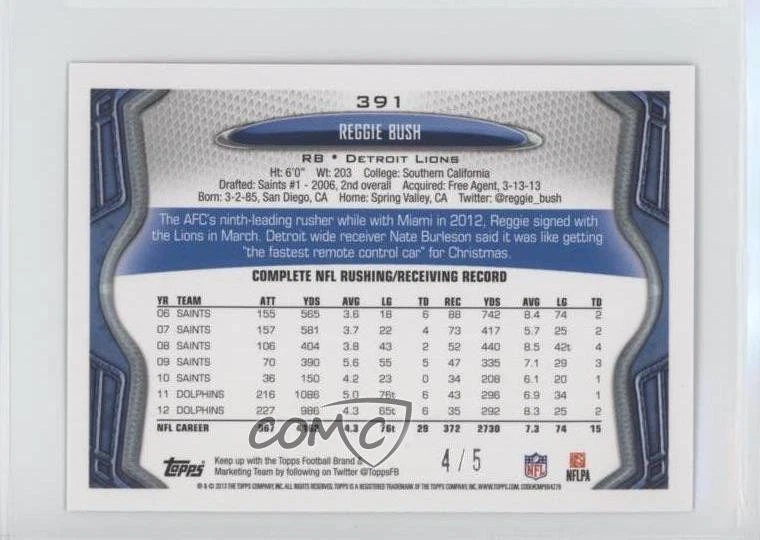 2013 Topps Mini Black /5 Reggie Bush #391 - Image 2 of 2