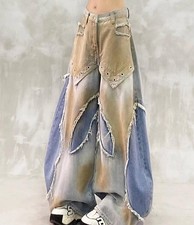Women's Straight Leg Mixed Color Blue Denim Jeans Tassels Pants Trousers Punk