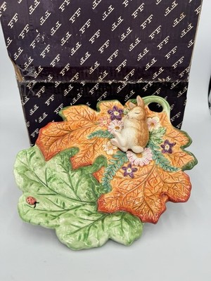 Fitz & Floyd Woodland Spring Leaf Ceramic Candy Dish Easter Rabbit Flowers 10''