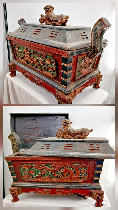 VTG Carved Chinese Wooden Wedding Altar Chest Trunk Foo Dog Qing Qilin 26"x16x22