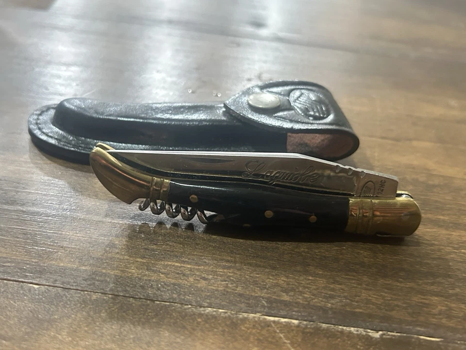 Cuchillo de Bolsillo Laguiole Imitación De Colección Sacacorchos Grano Madera Extremos de Latón ¡Con Estuche! Foto 3 de 4