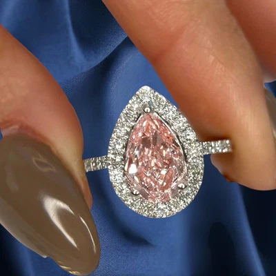 3.65 CT Pear Cut Fancy Vivid Pink Lab Grown Diamond Wedding Ring 18K White Gold - Image 1 of 4