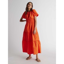 Quince 100% Organic Cotton Poplin Tiered Maxi Dress short sleeve Vermillion Red