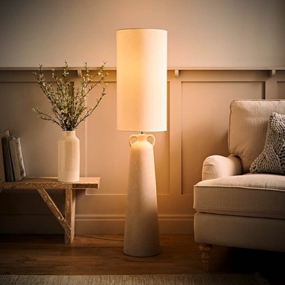 Natur Keramik Midi Stehlampenfuß Stoff Lampenschirm Wohnzimmer Lounge Leuchte