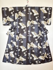 Japanese Yukata Kimono Cotton Dress Black Butterfly Floral 63"