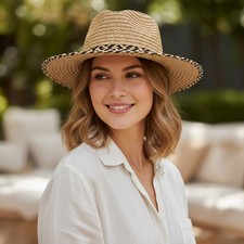 Women’s Woven Two Tones Geometric Band with Brim Trim Straw Fedora Sun Hat