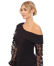 MSRP $279 XSCAPE Size 10 Petite Off-The-Shoulder Floral-Sleeve Gown Black