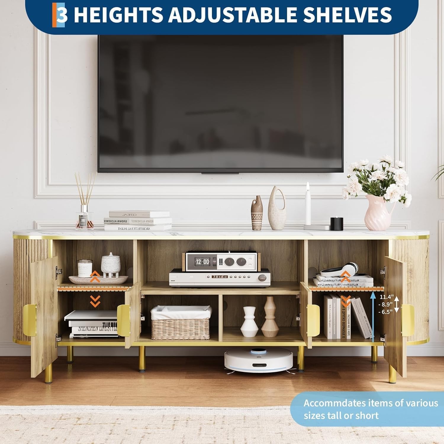 70in Navy Blue Fluted TV Stand with Faux Marble Top & Curved Sliding Doors