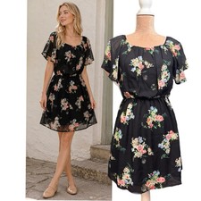 Forever 21 Black Floral Chiffon Flutter Sleeve Dress Size Small Boho Cottagecore
