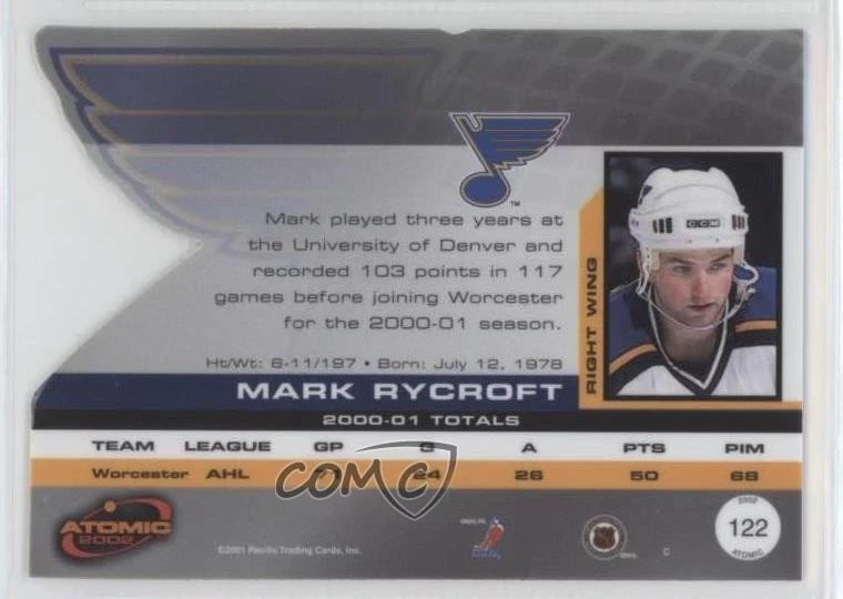 2001-02 Pacific Atomic Toronto National /500 Mark Rycroft #122 Rookie RC - Image 2 of 2