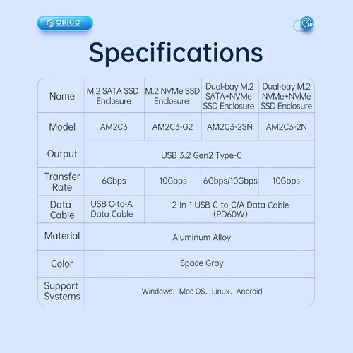 ORICO AM2C3 M.2 NGFF SSD Enclosure(Grey) - Picture 10 of 12