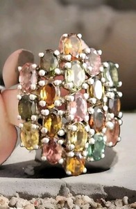 925-China Stamped: Multi Color; Tourmaline Natural Stones Cocktail Ring, Size 7