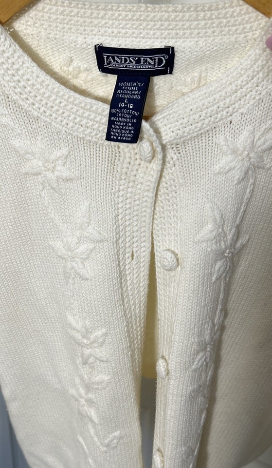 Lands End Womens Knit By Hand Cardigan Ivory Size L Thick Cable Knit