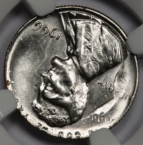 1966 NGC MS65 Cent Struck On Struck Dime Mint Error Double Denomination 2 Dates