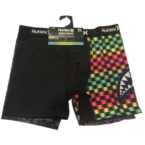 HURLEY garçon X-Large boxer slips noir multicolore à carreaux gris abstrait 2 paires - Photo 1/4