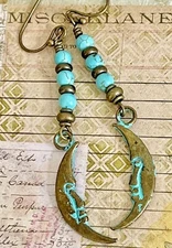Bronze and Etched Patina Crescent Moon Earrings. Boho Chic