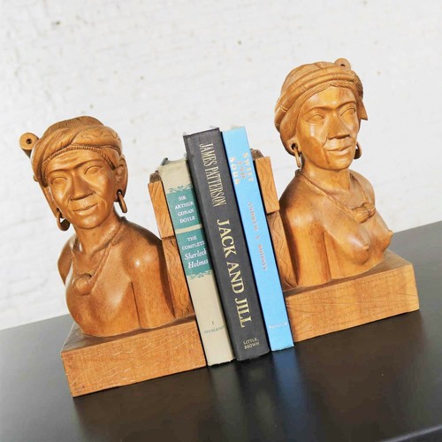 Pair Hand Carved Wood Tribal Figural Male and Female Bookends - Picture 8 of 12