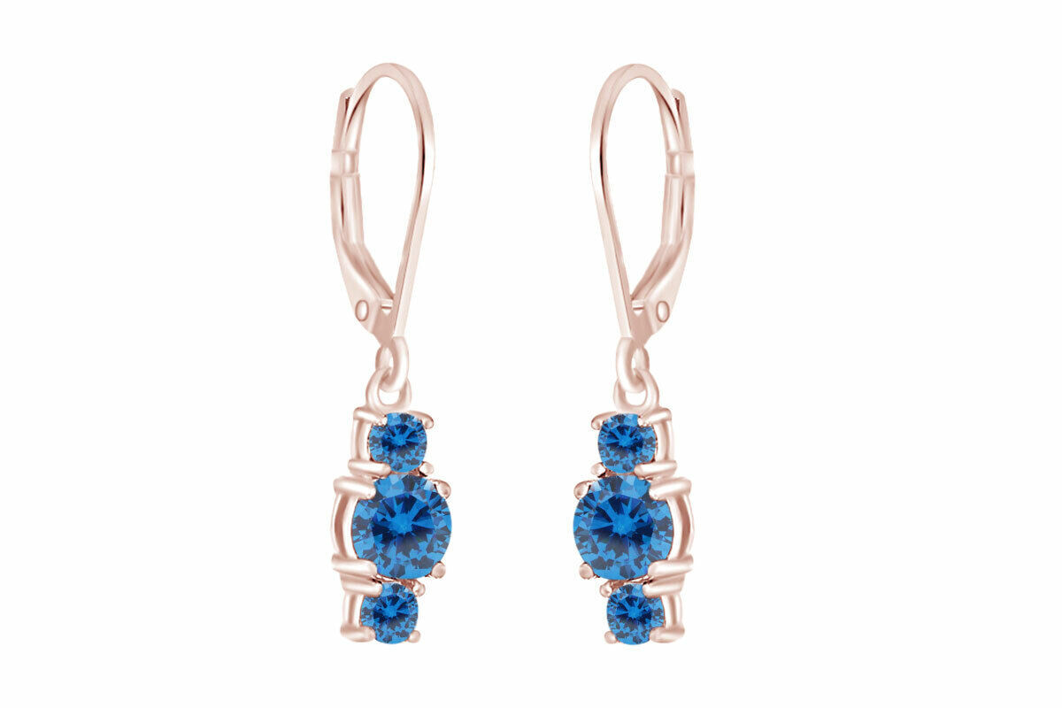 Round Simulated Birthstone Three Stone Dangle Earrings in 925 Sterling Silver