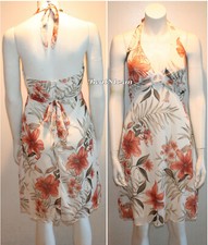 Cream Hawaiian Orange Brown Flowers Lined Halter Dress  Juniors M NEW