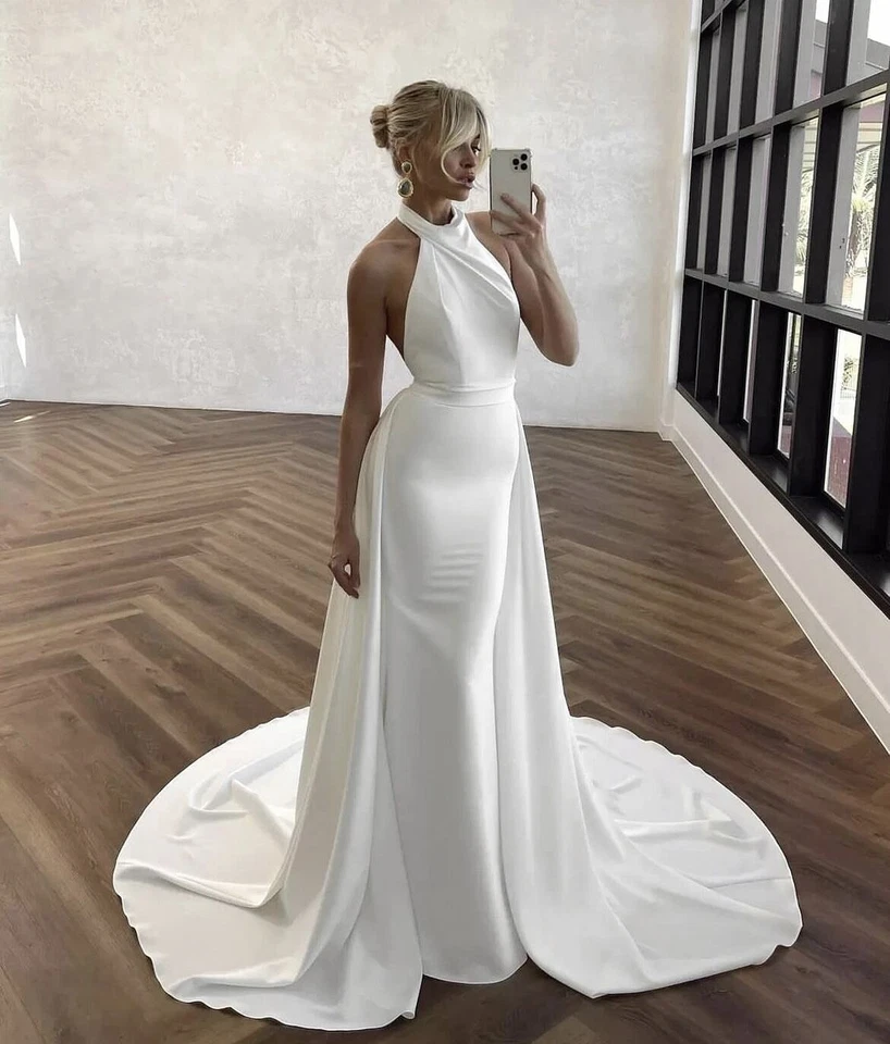 Halter Mermaid Wedding Dresses with Detachable Train Satin Elegant Bridal Gowns - Image 2 of 4