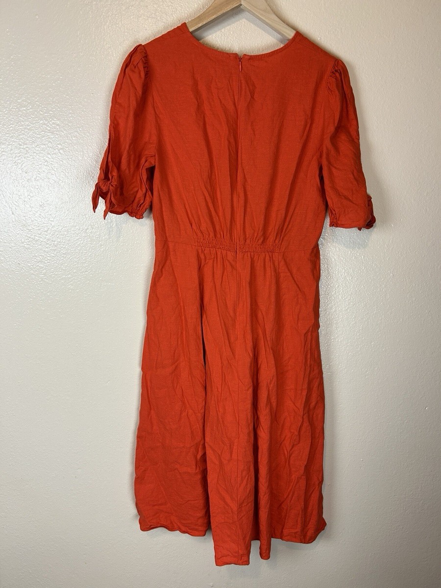 Gal Meets Glam 10 Zinnia Dress Orange Linen Midi Tie Sleeve A-Line Smocked  V-Nec | eBay