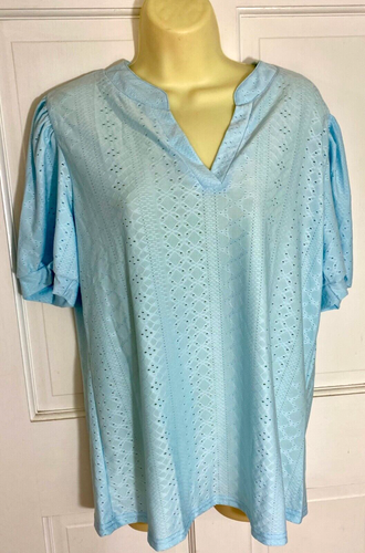 women's casual summer top size large blue short puff sleeve V neck pullover holl