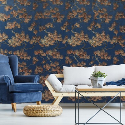 Pine branches oriental dark navy blue bronze faux fabric textured wallpaper roll