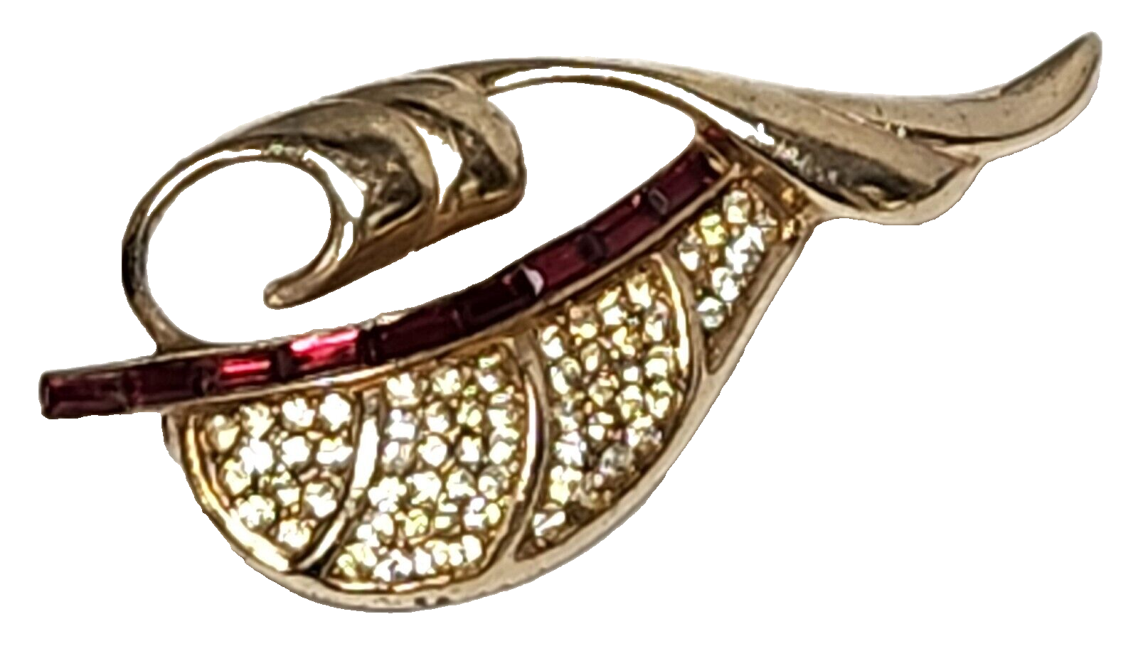 1940's Castlemark (Castlecliff) Red Baguette & Pave Set Rhinestone Leaf