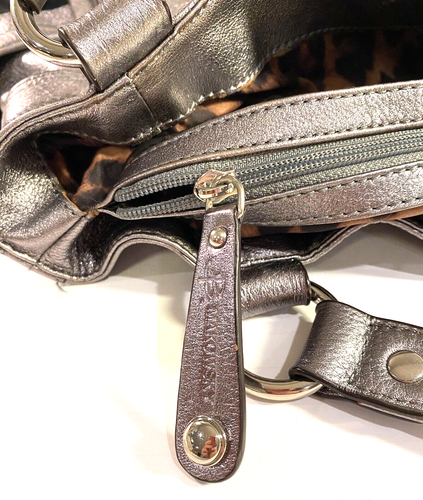 B Makowsky Bag Silver Pebbled Leather Purse Studded Black Suede Satchel Tote - Picture 5 of 23