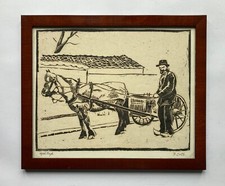 Incisione Legno Uomo Con Carretto J. Orth Firmato In Cornice Di Mogano