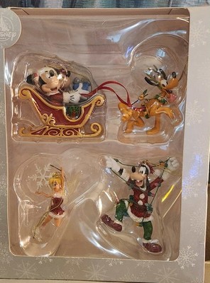 Disney Parks 4 Pc Ornament Set Tinker Bell Mickey Minnie Sleigh
