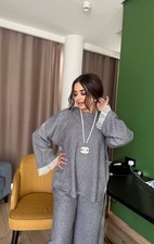 Gray  White 2 Piece Knit Lounge Set, Top  Wide-Leg Pants, Lace Trim, Crew Neck