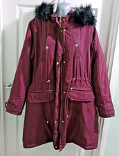 Image of Yours parka coat size 18 burgundy-red faux fur trim hood plush parka NWOT
