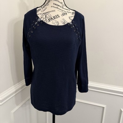 Lauren Ralph Lauren Women s Top Size XL Blue 3/4 Sleeves Eyelet Lacing Nautical