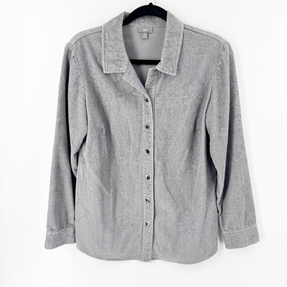 ✅ J. Jill Shirt SMALL Gray Corduroy Long Sleeve Button Up Floral Embroidery