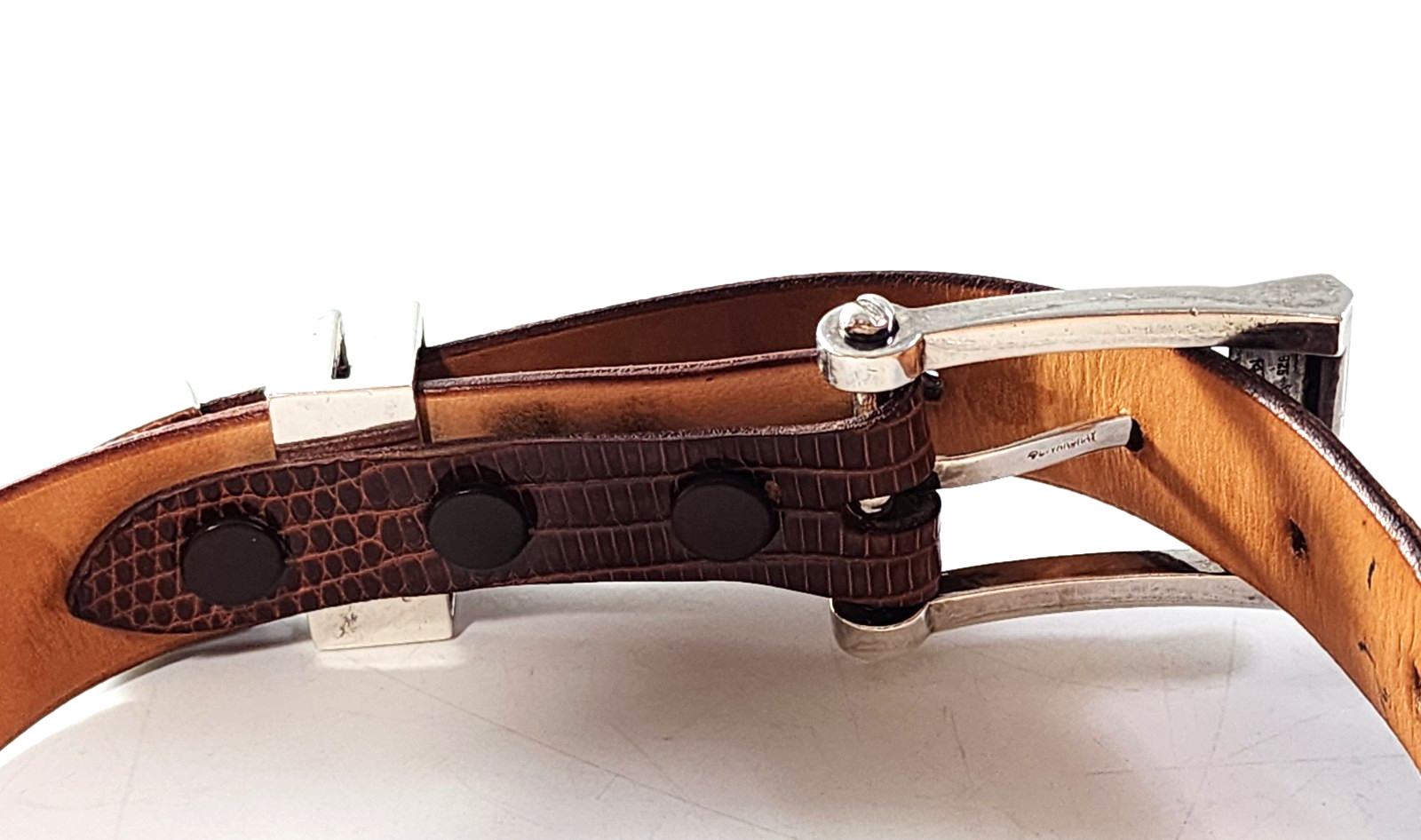 Vogt 925 Silver Buckle & Authentic Java Lizard Leather Belt by Saddlebags Sz 42