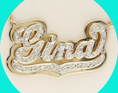Natural Diamond GINA Shadow Nameplate Necklace .62CT 14K Gold 18''Long