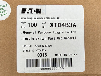 Lot of 100 New Eaton DPDT ON/OFF/ON Toggle Switch 3 Position 20A 125V/10A 277V