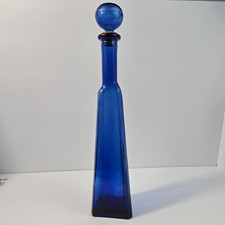 Vintage Cobalt Blue Glass Decanter Triangular Bottle with Round Stopper 16.5"