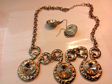 Silver Tone Necklace  Drop Earrings Set Clear Round Crystal Stones