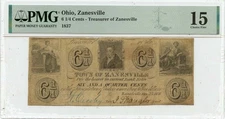 1837 6 1/4 Cents Zanesville, Ohio Obsolete Note Treasurer of Zanesville PMG F15