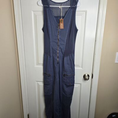 NWT XCVI Blue Jumpsuit Mesh Panel Split Side hem Wide Leg - Size Medium