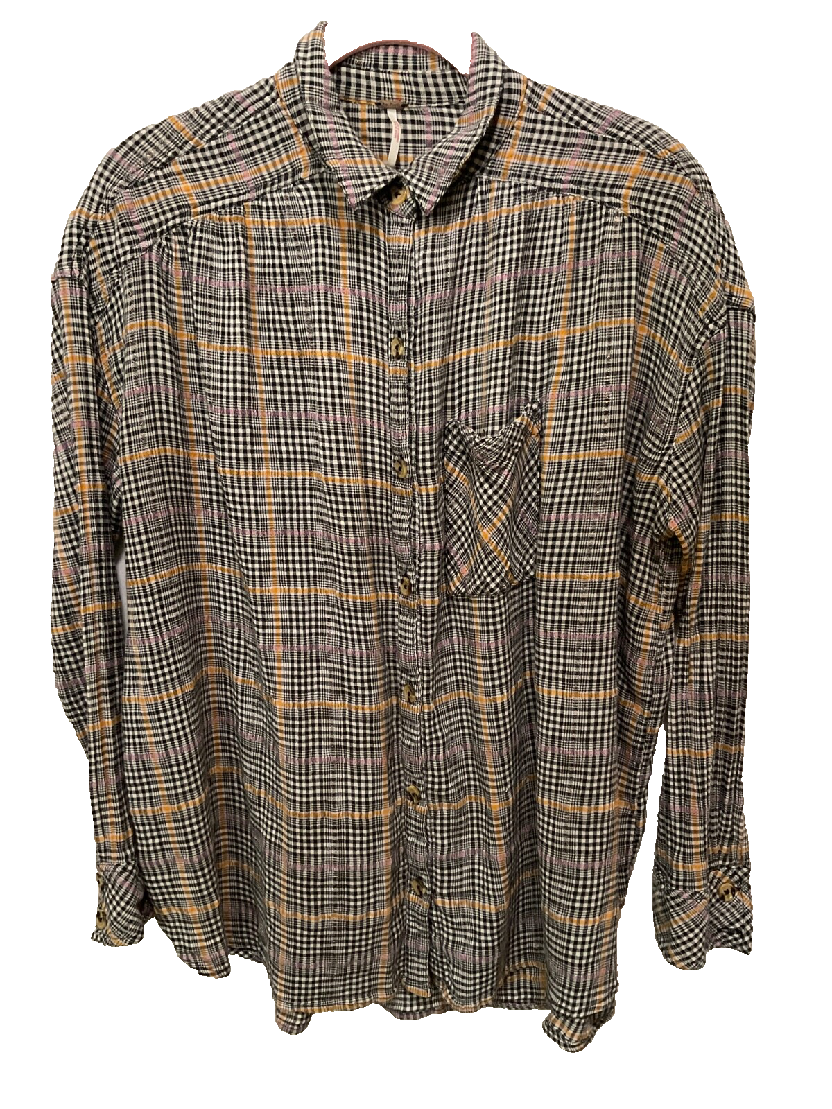 Free People Boho Plaid Button-Up Shirt Relaxed Fit Size S