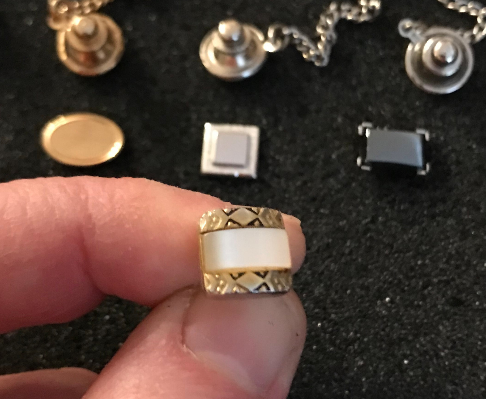 Lot of 4 Midcentury Tie Tack Pins Square Oval Mother Pearl Hematite Swank Soluda