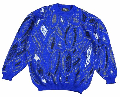 Ameri Principe Men’s Vintage 80’s Blue Wool Knitted Crewneck Abstract  Sweater