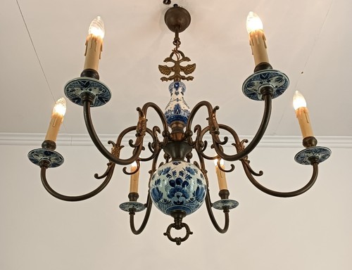 Delft Blue white Porcelain Brass Chandelier 6 arm Fixture Barn Farmhouse style - Picture 13 of 16